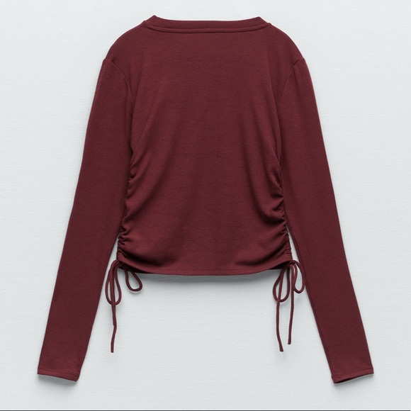ZARA RIBBED GATHER DETAIL TOP Burgundy - Picture 4 of 12